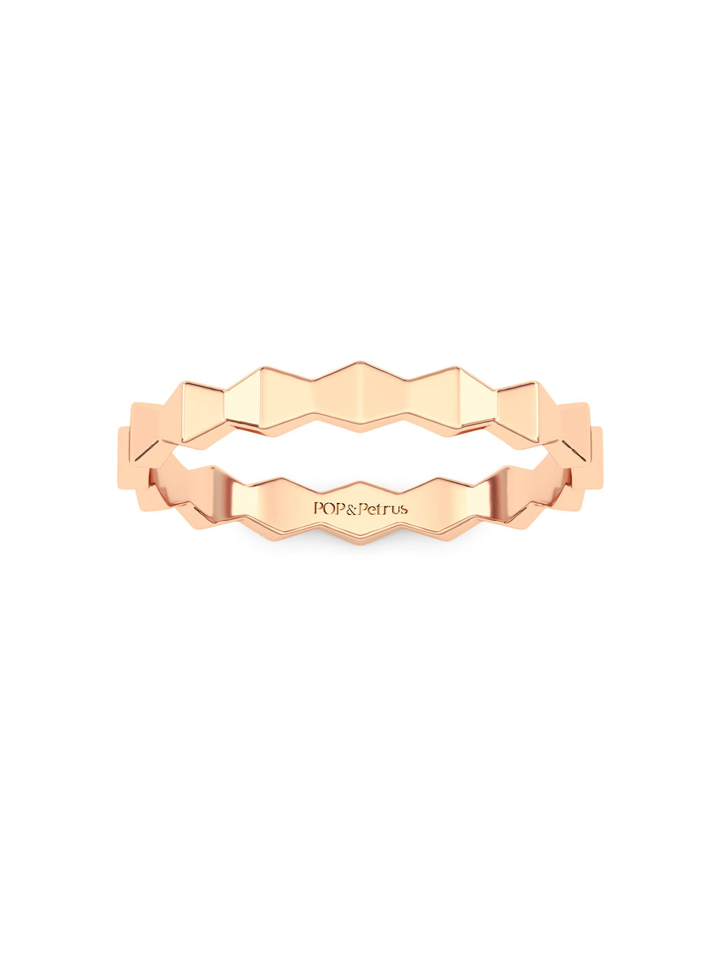 POP&Petrus Rose gold wedding band  with geometric design on a white background