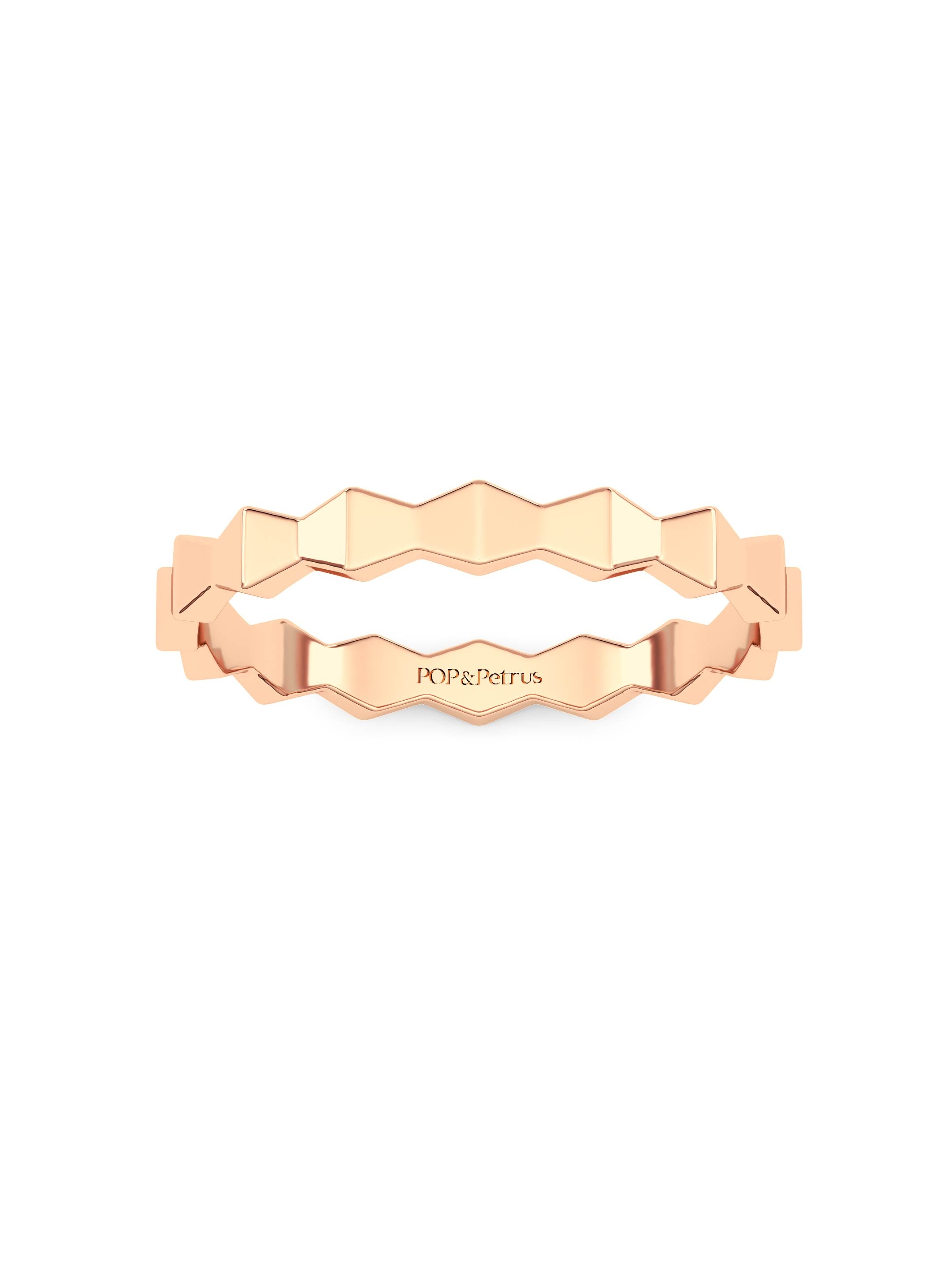 POP&Petrus Rose gold wedding band  with geometric design on a white background